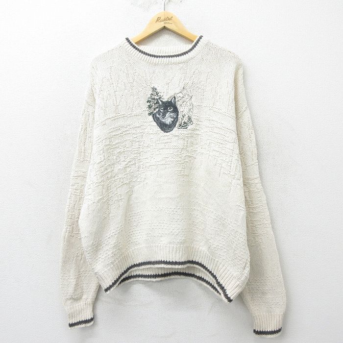 XL★古着 長袖 セーター メンズ 90年代 90s オオカミ 刺繍 大きいサイズ コットン クルーネック USA製 白 ホワイト 24sep26 中古 ニット トップス