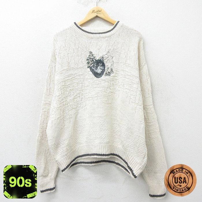 90s 長袖セーター オオカミ刺繍 ホワイト XL | 古着