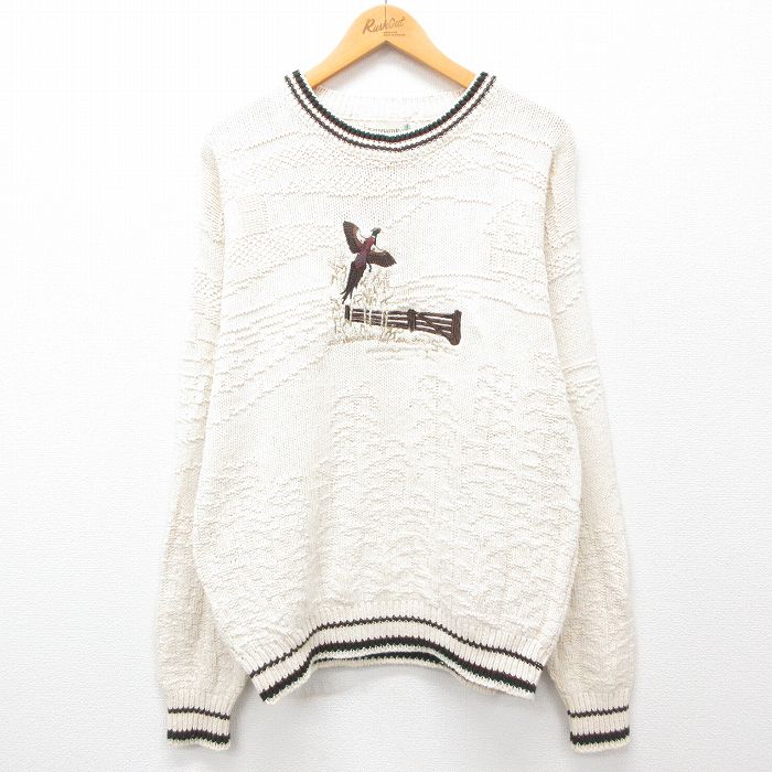 M★古着 長袖 セーター メンズ 90年代 90s 鳥 刺繍 コットン クルーネック USA製 白 ホワイト 24sep26 中古 ニット トップス