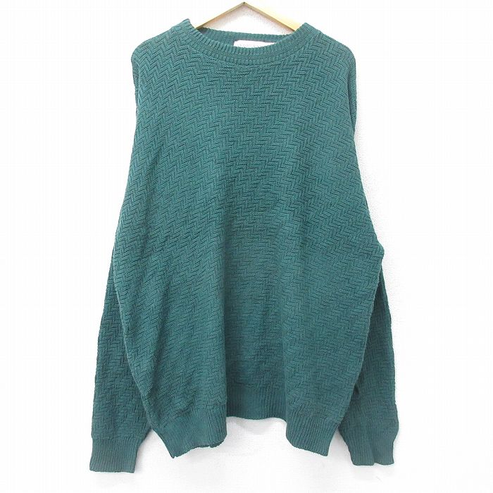 XL★古着 長袖 セーター メンズ 90年代 90s 手織り 大きいサイズ コットン クルーネック USA製 緑 グリーン 24sep26 中古 ニット トップス