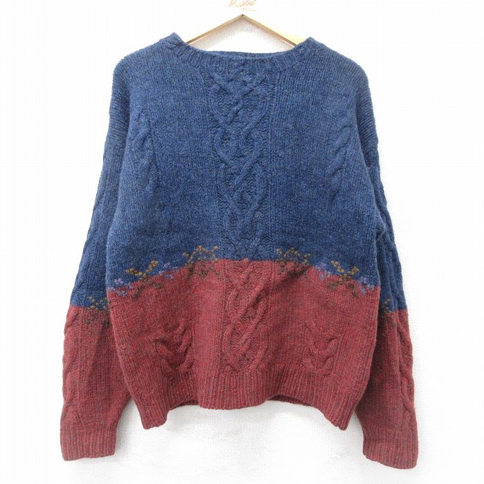 M★古着 ウールリッチ WOOLRICH 長袖 ケーブル セーター メンズ 00年代 00s 手織り ハンドニット ウール クルーネック 紺他 ネイビー 霜降り 【spe】 24sep26 中古 ニット トップス