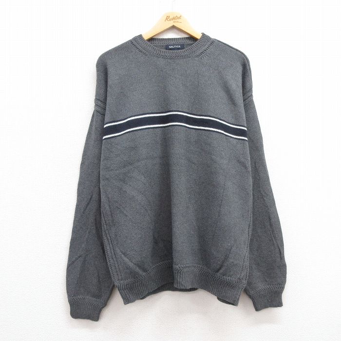 【50%OFF】XL★古着 ノーティカ NAUTICA 長袖 ブランド セーター メンズ ワンポイントロゴ 大きいサイズ コットン クルーネック グレー 霜降り 24sep27 中古 ニット トップス