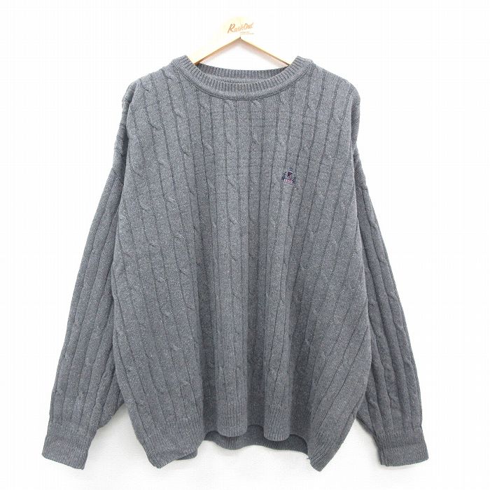 XL★古着 IZOD 長袖 ケーブル　セーター メンズ 90年代 90s ワンポイントロゴ 大きいサイズ コットン クルーネック USA製 グレー 24sep27 中古 ニット トップス