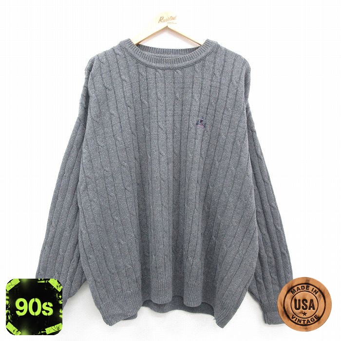 XL★古着 IZOD 長袖 ケーブル　セーター メンズ 90年代 90s ワンポイントロゴ 大きいサイズ コットン クルーネック USA製 グレー 24sep27 中古 ニット トップス