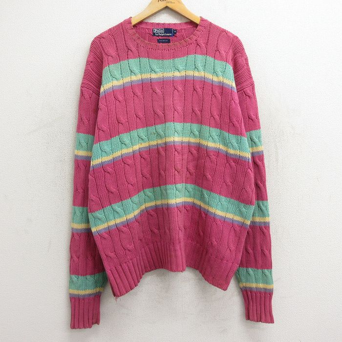XL★古着 ラルフローレン Ralph Lauren 長袖 ブランド ケーブル セーター メンズ 90年代 90s 大きいサイズ コットン クルーネック 濃ピンク他 ボーダー 24sep28 中古 ニット トップス