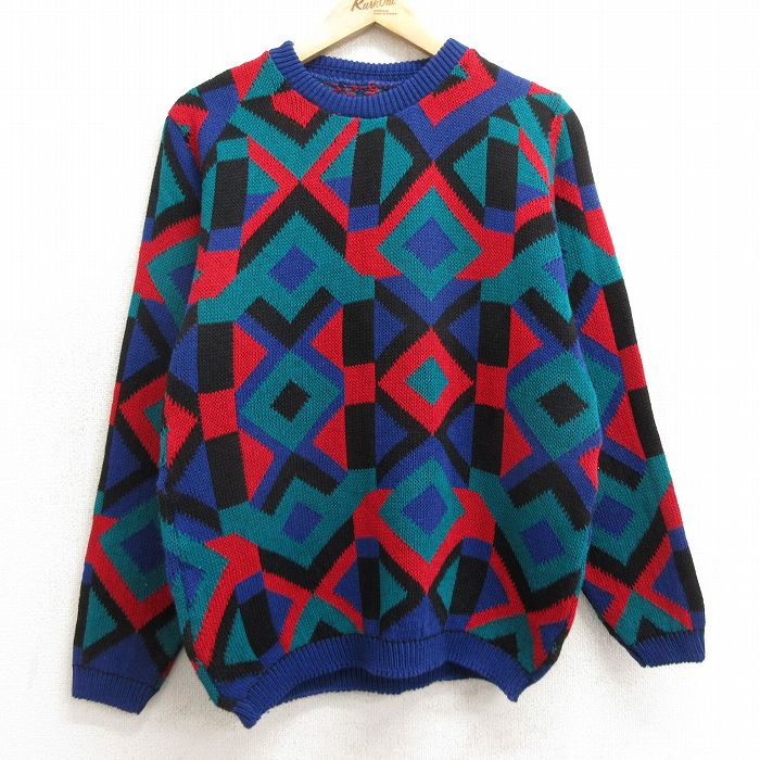 【20%OFF】M★古着 長袖 セーター メンズ クルーネック 青他 ブルー 24sep28 中古 ニット トップス