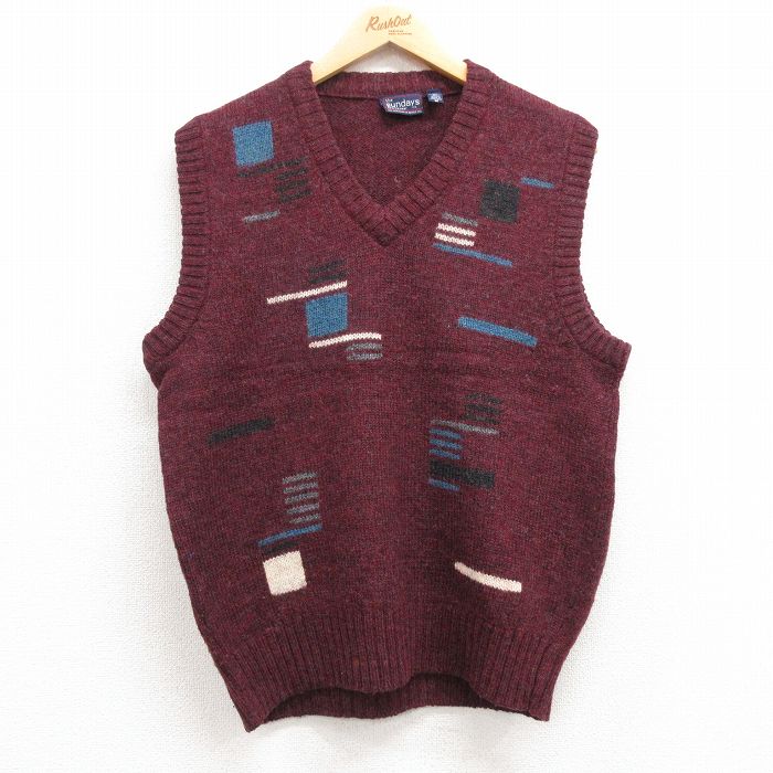 【50%OFF】M★古着 ニット ベスト メンズ 90年代 90s シェットランドウール Vネック エンジ他 24sep30 中古 トップス