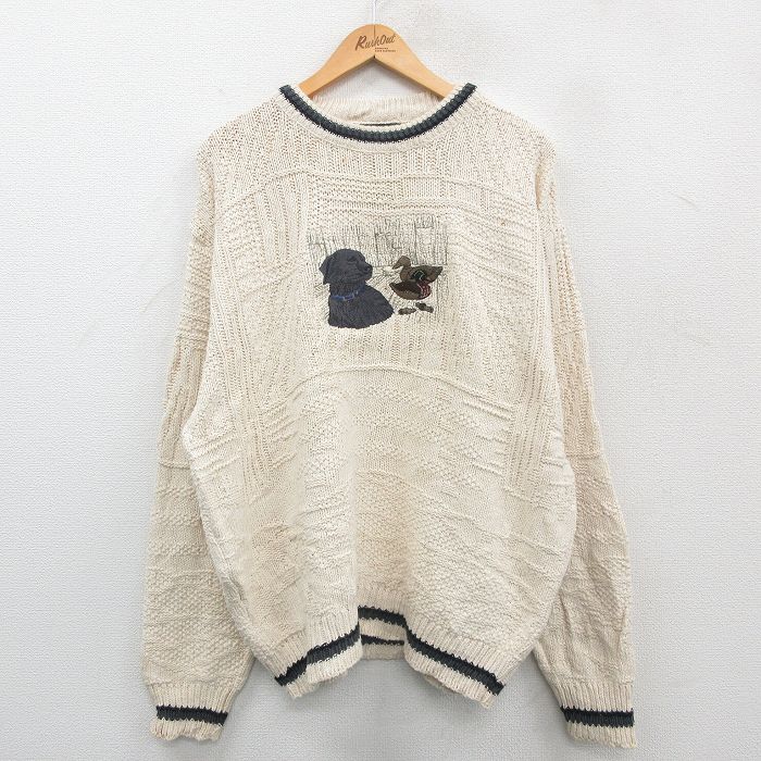 XL★古着 長袖 セーター メンズ 90年代 90s 犬 カモ 刺繍 大きいサイズ コットン クルーネック USA製 生成り 24sep30 中古 ニット トップス
