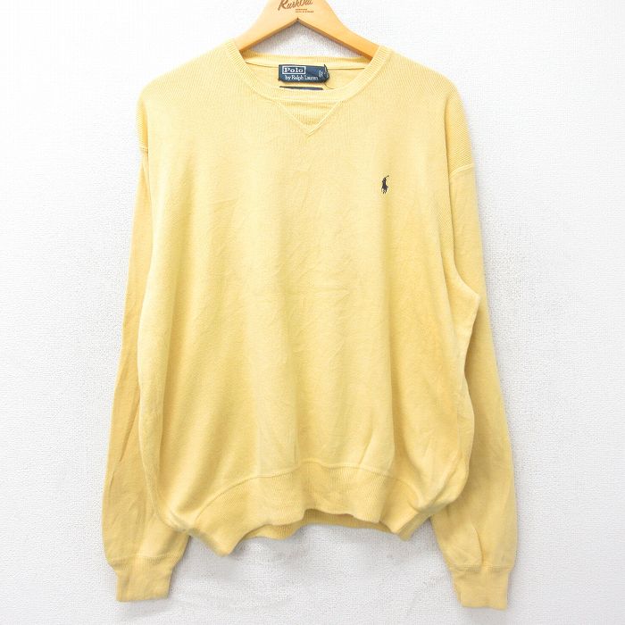 XL★古着 ラルフローレン Ralph Lauren 長袖 ブランド セーター メンズ 90年代 90s ワンポイントロゴ 大きいサイズ コットン クルーネック 黄 イエロー 24sep30 24oct01 中古 ニット トップス