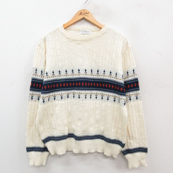 L★古着 長袖 セーター メンズ 90年代 90s アクリル クルーネック 白他 ホワイト 24sep30 24oct01 中古 ニット トップス