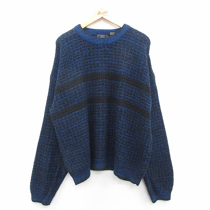 XL★古着 長袖 セーター メンズ 90年代 90s 大きいサイズ アクリル クルーネック 黒他 ブラック 24sep30 24oct01 中古 ニット トップス
