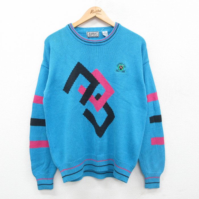 L★古着 長袖 セーター メンズ 90年代 90s ゴルフ クルーネック 水色 24oct02 中古 ニット トップス