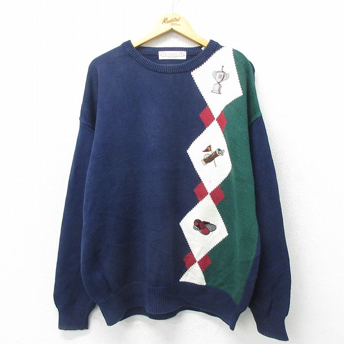 XL★古着 長袖 セーター メンズ 00年代 00s ゴルフ 刺繍 アーガイル 大きいサイズ コットン クルーネック 紺他 ネイビー 24oct02 中古 ニット トップス