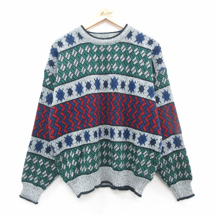 【50%OFF】XL★古着 バンヒューセン 長袖 セーター メンズ 90年代 90s アーガイル アクリル クルーネック グレー他 霜降り 24oct02 中古 ニット トップス