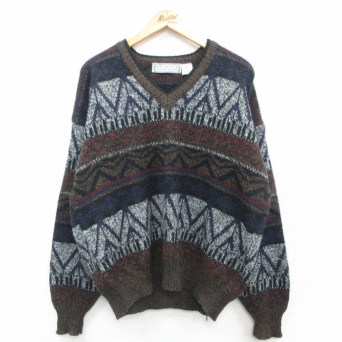 XL★古着 長袖 セーター メンズ 90年代 90s 大きいサイズ アクリル Vネック 茶他 ブラウン 24oct02 中古 ニット トップス