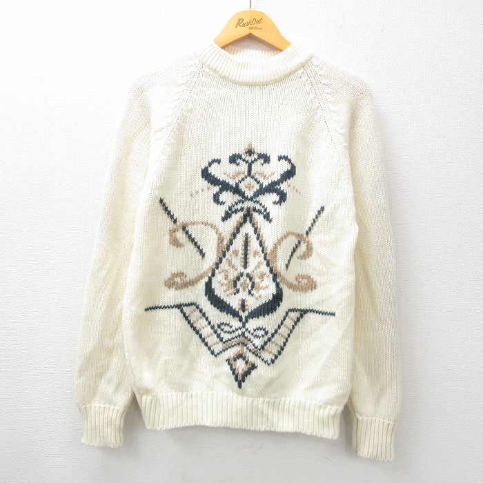 M★古着 長袖 セーター メンズ 80年代 80s ラグラン アクリル クルーネック 白 ホワイト 24oct02 中古 ニット トップス