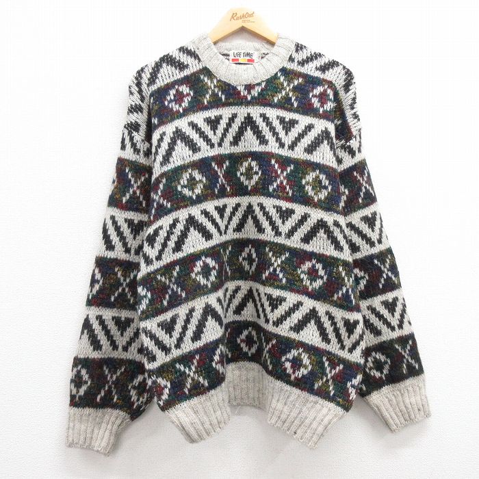 【50%OFF】L★古着 長袖 セーター メンズ 90年代 90s クルーネック 薄グレー他 24oct03 中古 ニット トップス