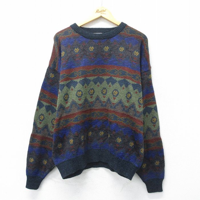 XL★古着 長袖 セーター メンズ 90年代 90s フェアアイル クルーネック 黒他 ブラック 24oct03 中古 ニット トップス