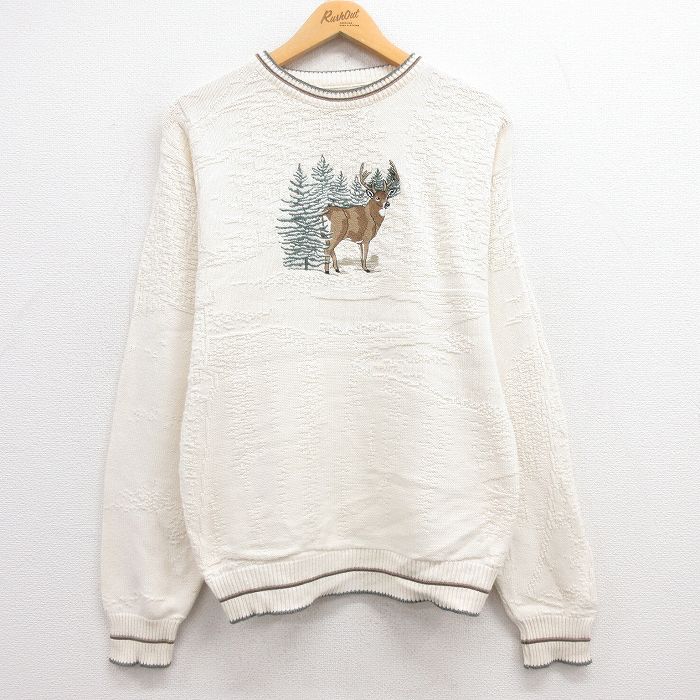 S★古着 長袖 セーター メンズ 90年代 90s シカ 刺繍 コットン クルーネック USA製 薄ベージュ他 カーキ 24oct03 中古 ニット トップス