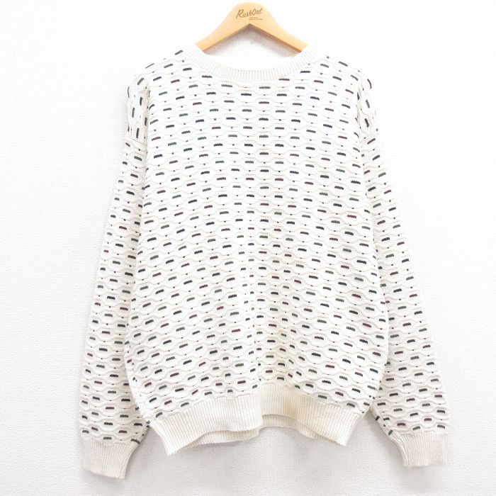 【50%OFF】L★古着 長袖 セーター メンズ 90年代 90s クルーネック USA製 薄ベージュ他 カーキ 24oct03 中古 ニット トップス