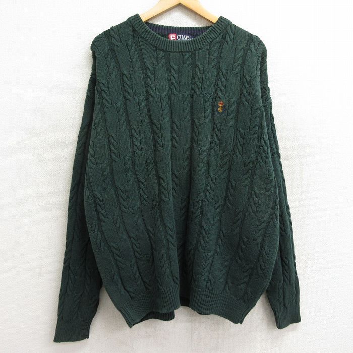 XL★古着 ラルフローレン Ralph Lauren チャップス 長袖 ブランド ケーブル セーター メンズ 90年代 90s ワンポイントロゴ コットン クルーネック 緑 グリーン 24oct04 中古 ニット トップス
