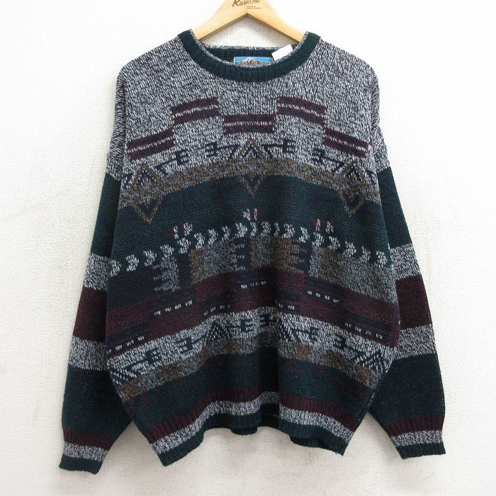 XL★古着 長袖 セーター メンズ 90年代 90s ネイティブ柄 ラグ柄 クルーネック グレー他 24oct04 中古 ニット トップス