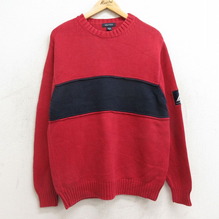 【20%OFF】M★古着 ノーティカ NAUTICA 長袖 ブランド セーター メンズ ツートンカラー コットン クルーネック 赤他 レッド 24oct04 中古 ニット トップス