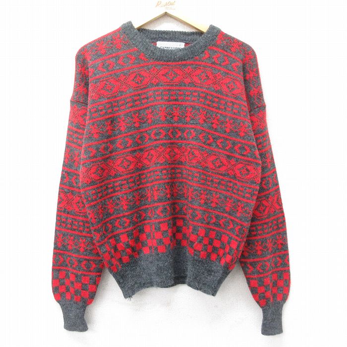 【50%OFF】XL★古着 長袖 セーター メンズ 90年代 90s クルーネック 赤他 レッド 24oct04 中古 ニット トップス