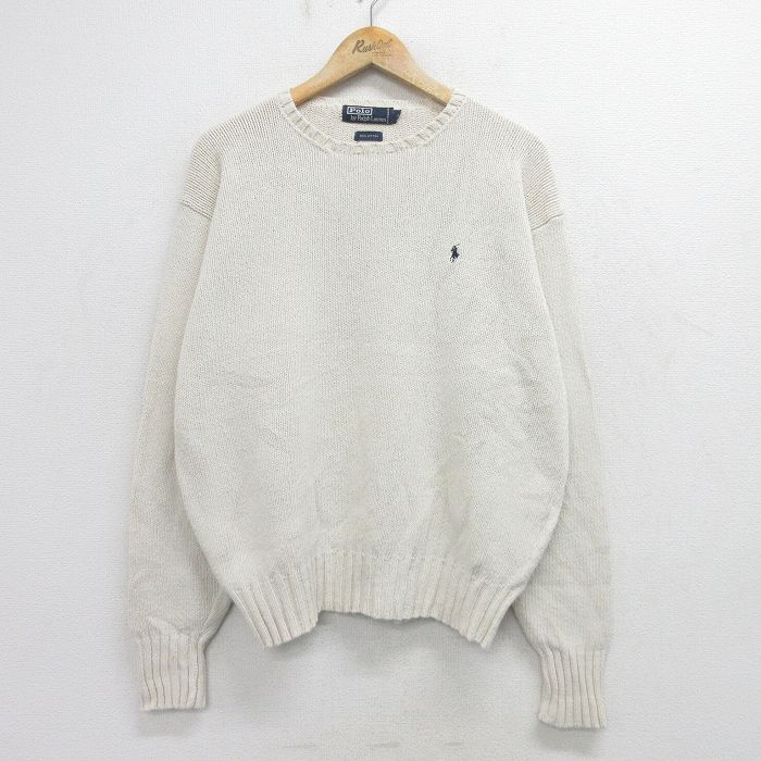 L★古着 ラルフローレン Ralph Lauren 長袖 ブランド セーター メンズ 90年代 90s ワンポイントロゴ コットン クルーネック 白 ホワイト 24oct04 中古 ニット トップス