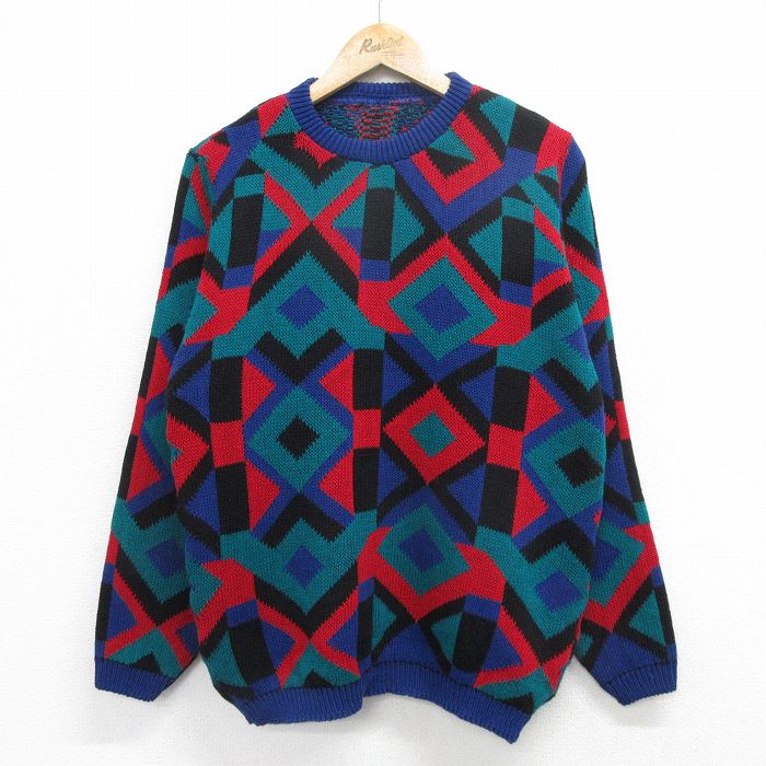 M★古着 長袖 セーター メンズ クルーネック 青他 ブルー 24oct04 中古 ニット トップス
