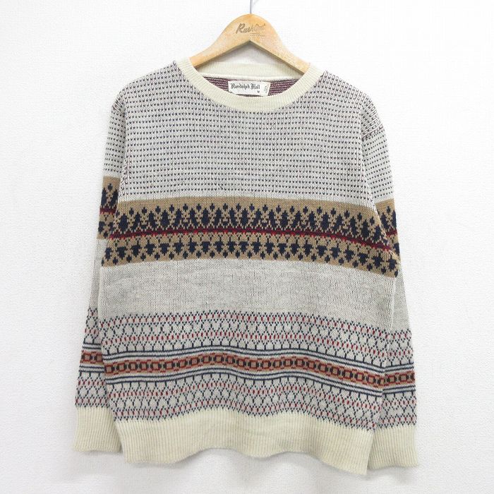 M★古着 長袖 セーター メンズ 80年代 80s アクリル クルーネック ベージュ系他 カーキ 24oct04 中古 ニット トップス