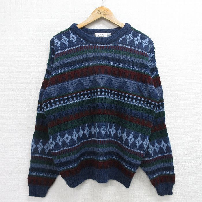 M★古着 シアーズ 長袖 セーター メンズ 90年代 90s アクリル クルーネック USA製 紺他 ネイビー 24oct04 中古 ニット トップス