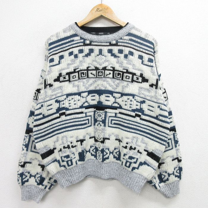 【50%OFF】XL★古着 長袖 セーター メンズ 90年代 90s アクリル クルーネック 白他 ホワイト 24oct04 中古 ニット トップス