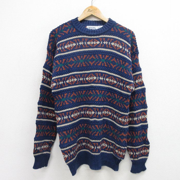 【20%OFF】M★古着 長袖 セーター メンズ 90年代 90s フェアアイル クルーネック 紺他 ネイビー 24oct04 中古 ニット トップス