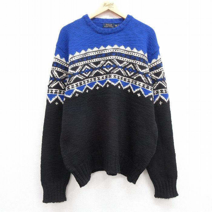 XL★古着 ラルフローレン Ralph Lauren 長袖 ブランド ノルディック セーター メンズ メリノウール クルーネック 黒他 ブラック 24oct05 中古 ニット トップス