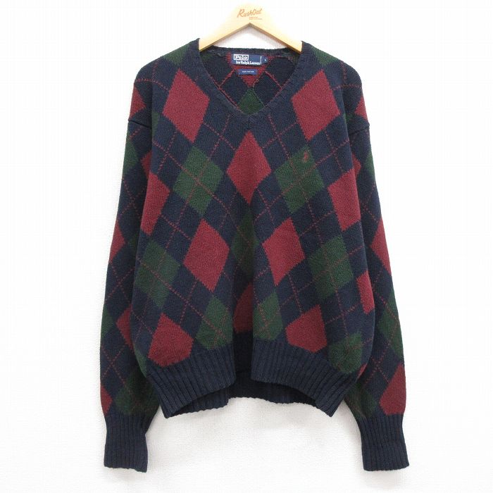 XL★古着 ラルフローレン Ralph Lauren 長袖 ブランド セーター メンズ 90年代 90s ワンポイントロゴ アーガイル コットン Vネック 紺他 ネイビー 【spe】 24oct05 中古 ニット トップス