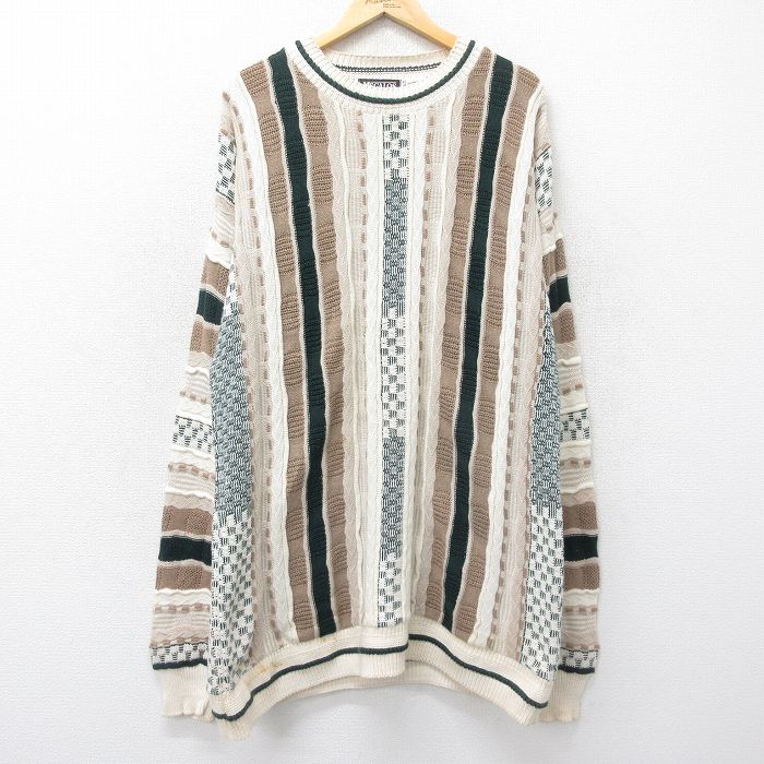 XL★古着 長袖 セーター メンズ 90年代 90s 3Dニット ロング丈 コットン クルーネック USA製 ベージュ他 カーキ 24oct05 中古 ニット トップス