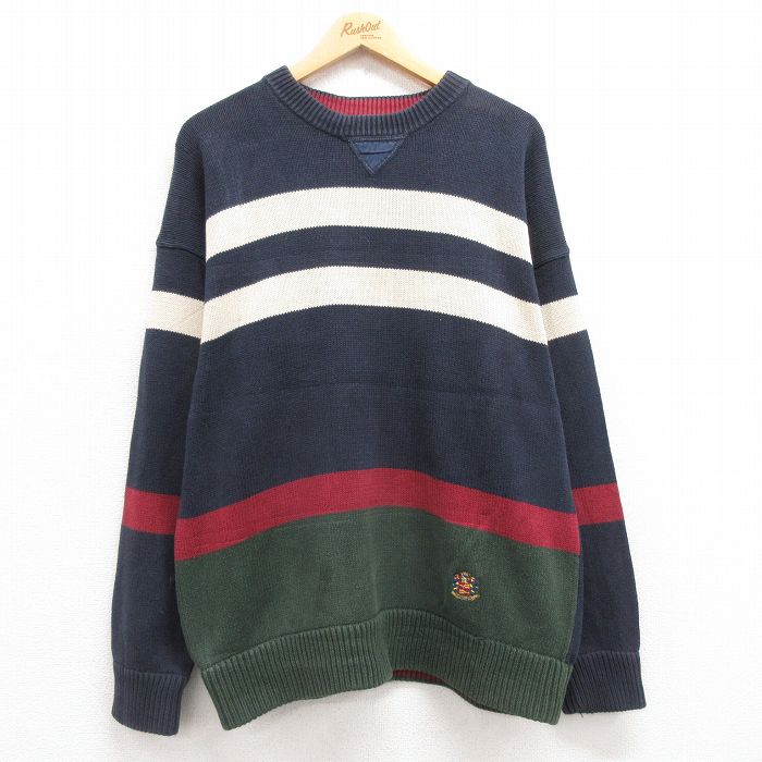 XL★古着 長袖 セーター メンズ 00年代 00s ワンポイントロゴ コットン クルーネック 紺他 ネイビー 24oct05 中古 ニット トップス
