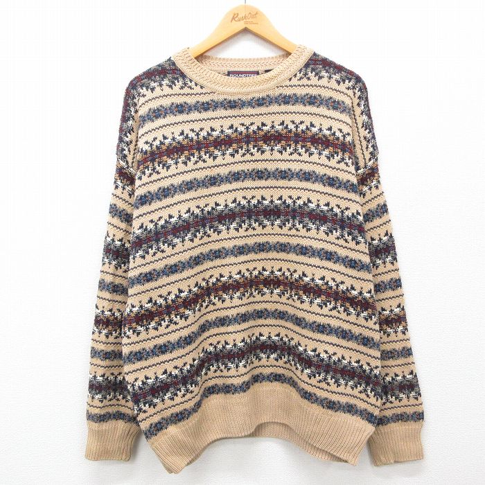 L★古着 長袖 セーター メンズ 00年代 00s クルーネック ベージュ他 カーキ 24oct07 中古 ニット トップス