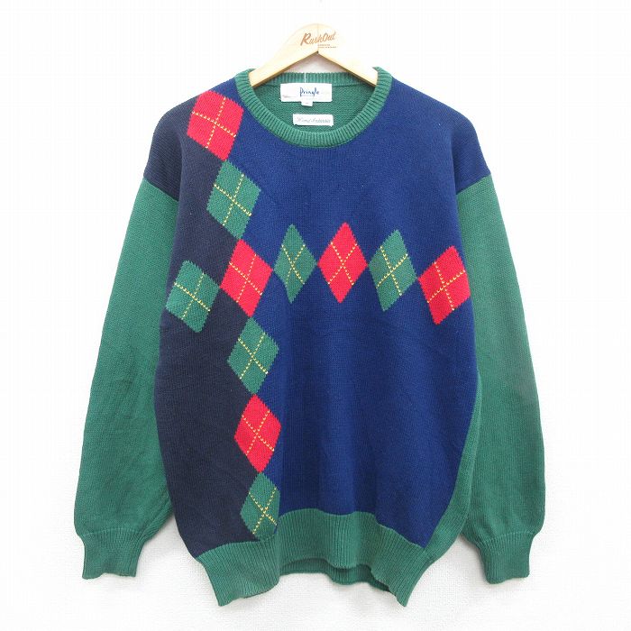 L★古着 長袖 セーター メンズ 90年代 90s アーガイル コットン クルーネック 緑他 グリーン 24oct07 中古 ニット トップス