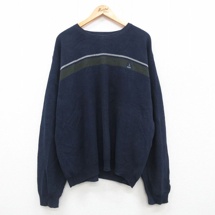 XL★古着 IZOD 長袖 セーター メンズ ワンポイントロゴ 大きいサイズ コットン クルーネック 紺他 ネイビー 24oct07 中古 ニット トップス