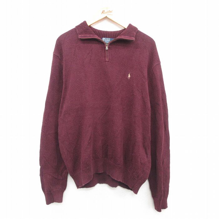 XL★古着 ラルフローレン Ralph Lauren 長袖 ブランド ハーフジップ セーター メンズ 90年代 90s ワンポイントロゴ 大きいサイズ コットン エンジ 24oct07 中古 ニット トップス
