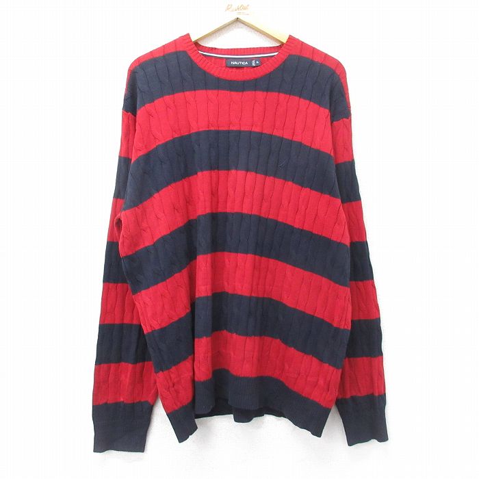 XL★古着 ノーティカ NAUTICA 長袖 ブランド ケーブル セーター メンズ ワンポイントロゴ 大きいサイズ コットン クルーネック 赤他 レッド ボーダー 24oct08 中古 ニット トップス
