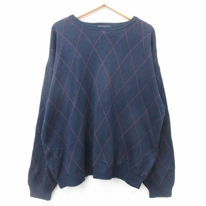 XL★古着 長袖 セーター メンズ 90年代 90s 大きいサイズ クルーネック 紺他 ネイビー 24oct08 中古 ニット トップス