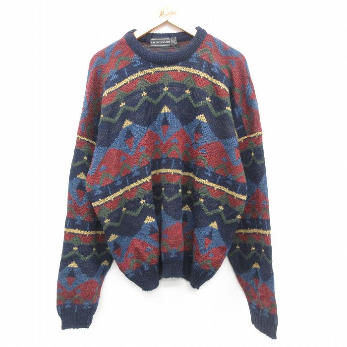 【50%OFF】XL★古着 長袖 セーター メンズ 90年代 90s ネイティブ柄 ラグ柄 大きいサイズ アクリル クルーネック 紺他 ネイビー 24oct08 中古 ニット トップス