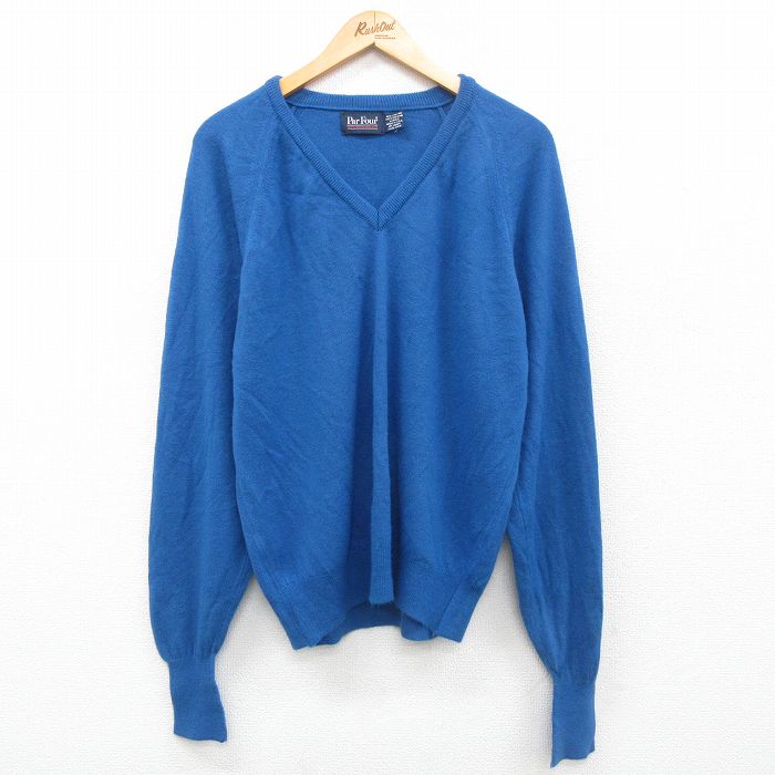 【50%OFF】L★古着 Par Four 長袖 セーター メンズ 90年代 90s 無地 ラグラン アクリル Vネック 青 ブルー 24oct08 中古 ニット トップス