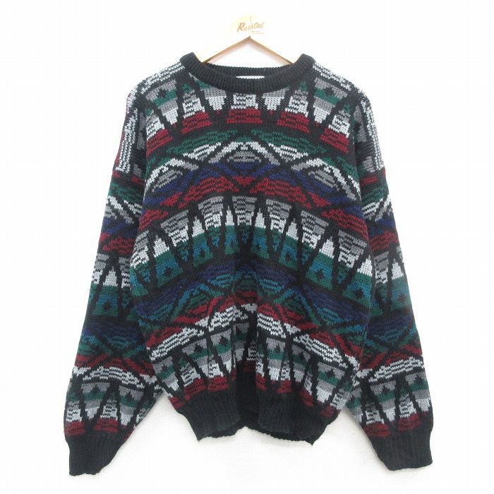 【50%OFF】XL★古着 長袖 セーター メンズ 90年代 90s ネイティブ柄 ラグ柄 アクリル クルーネック USA製 黒他 ブラック 24oct08 中古 ニット トップス