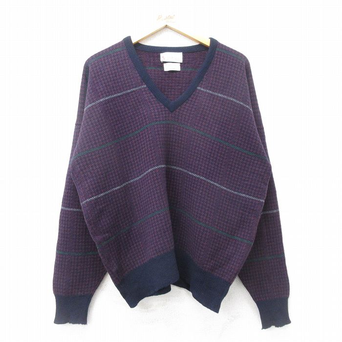 XL★古着 長袖 セーター メンズ 80年代 80s ラムウール Vネック イングランド製 紫他 パープル 24oct08 中古 ニット トップス