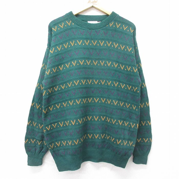 【50%OFF】XL★古着 長袖 セーター メンズ 90年代 90s コットン クルーネック USA製 緑他 グリーン 24oct08 中古 ニット トップス