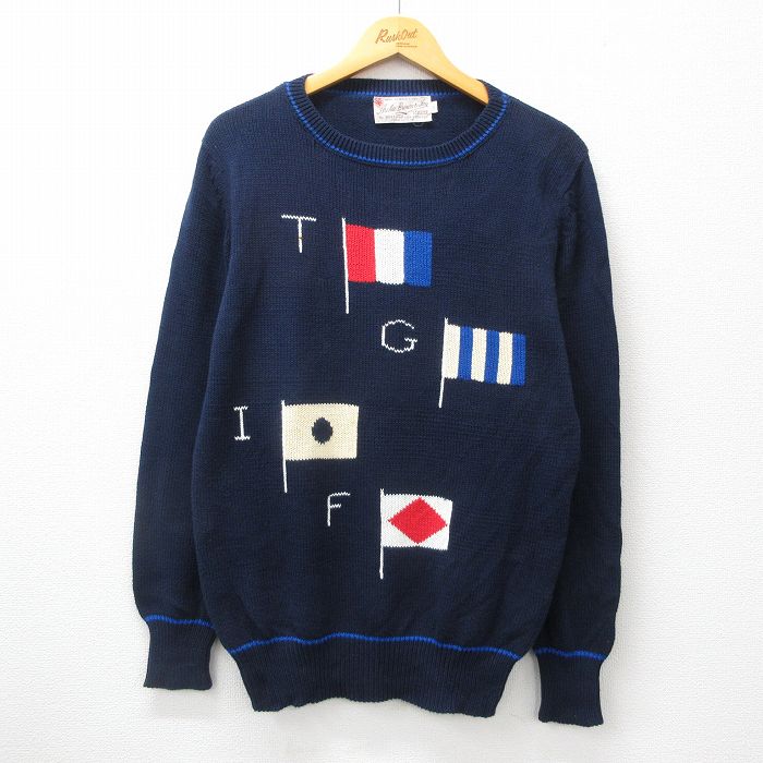 【20%OFF】M★古着 長袖 セーター メンズ 90年代 90s 国旗 コットン クルーネック 紺他 ネイビー 24oct08 中古 ニット トップス